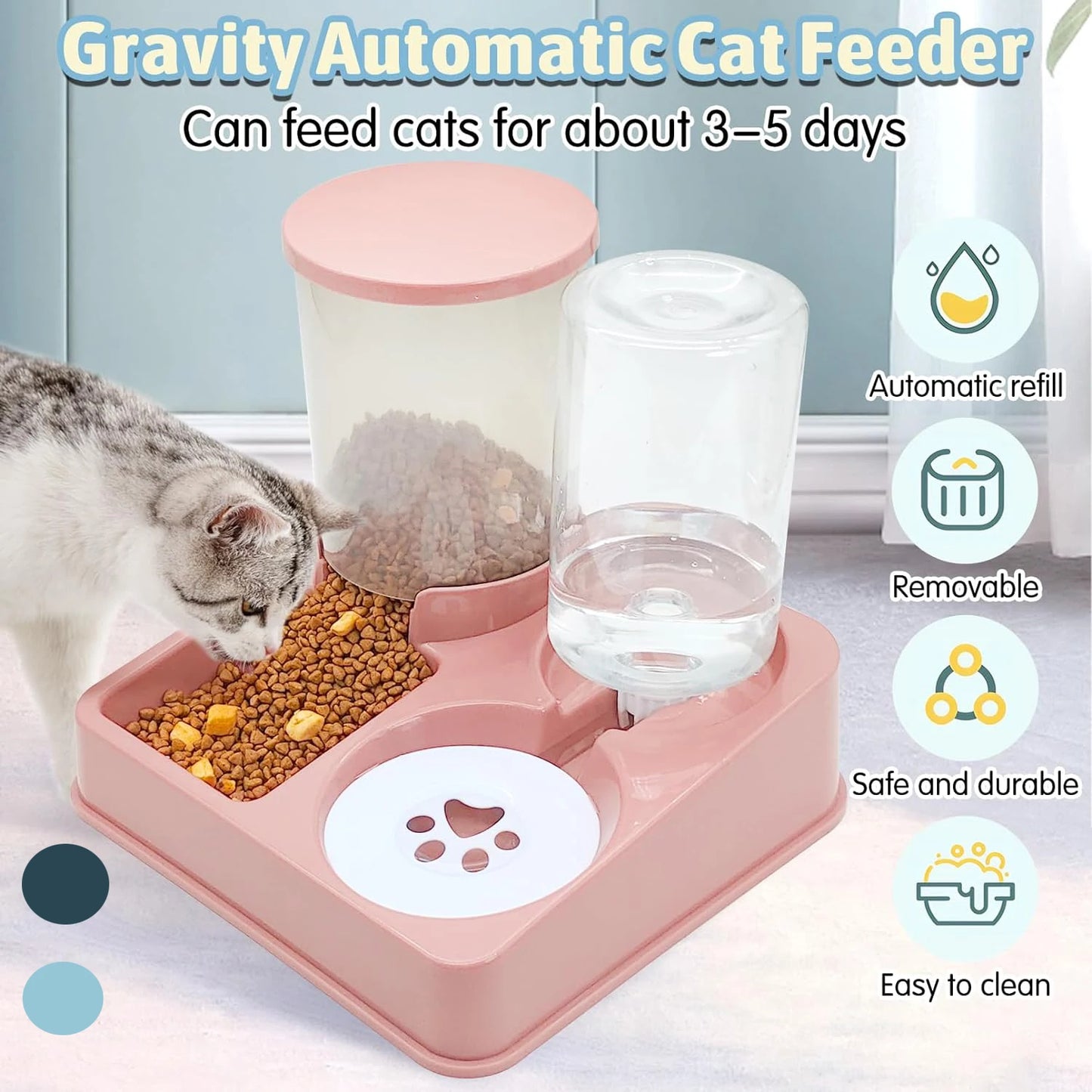 MiaouTech™ Distributeur Automatique 2-en-1 pour Chats – Mangeoire et Fontaine à Eau avec Gravité, Capacité 1,6 L + 1 L