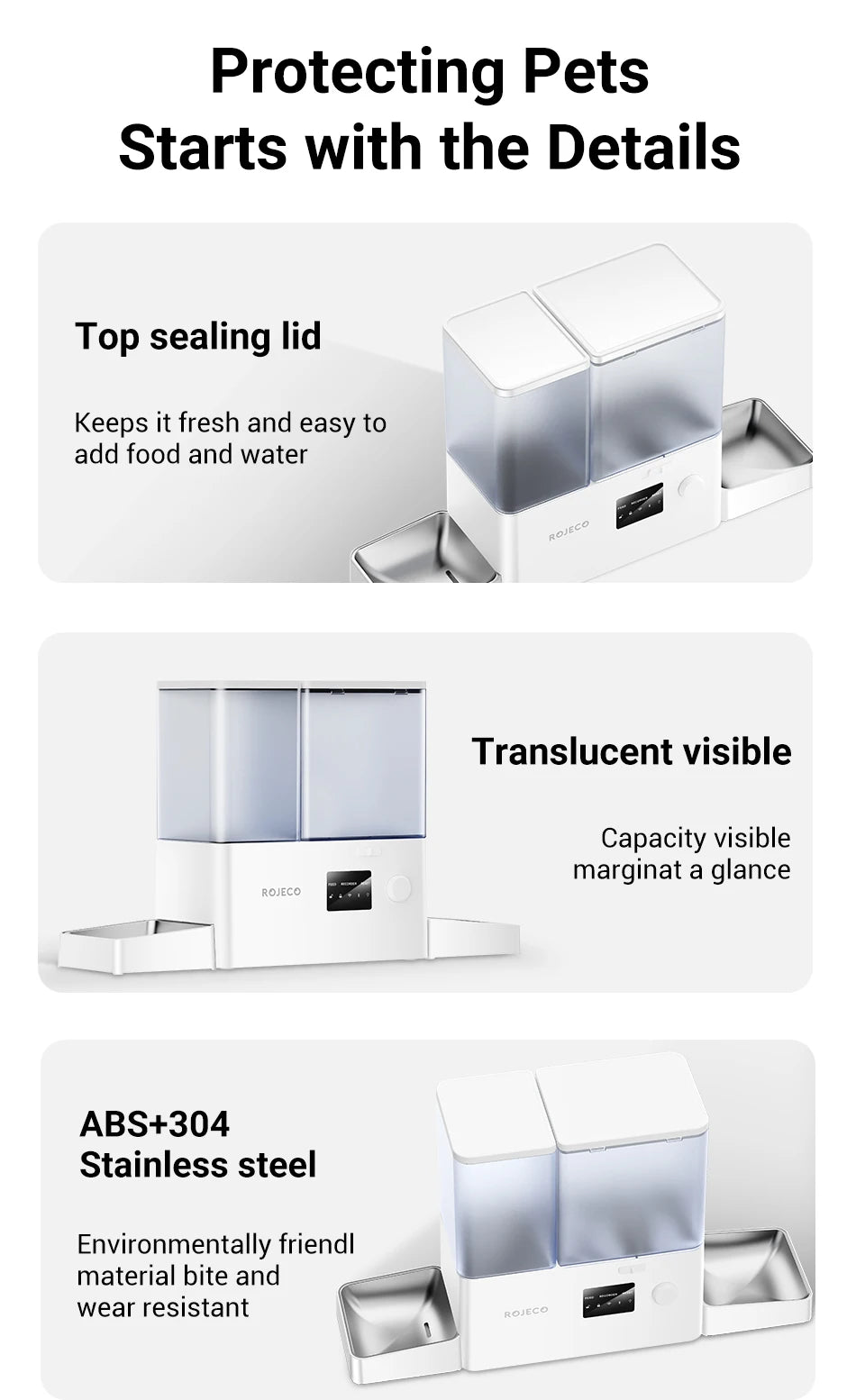ROJECO 8,5L mangeoire automatique pour animaux de compagnie fontaine d'eau WIFI APP télécommande intelligent 5L distributeur de nourriture 3,5L abreuvoir d'eau par gravité ﻿