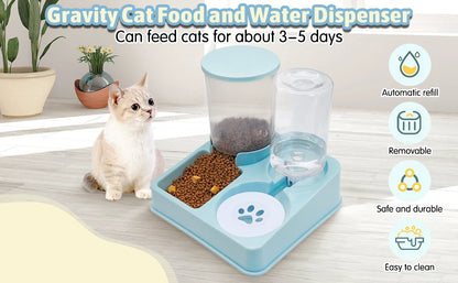 MiaouTech™ Distributeur Automatique 2-en-1 pour Chats – Mangeoire et Fontaine à Eau avec Gravité, Capacité 1,6 L + 1 L